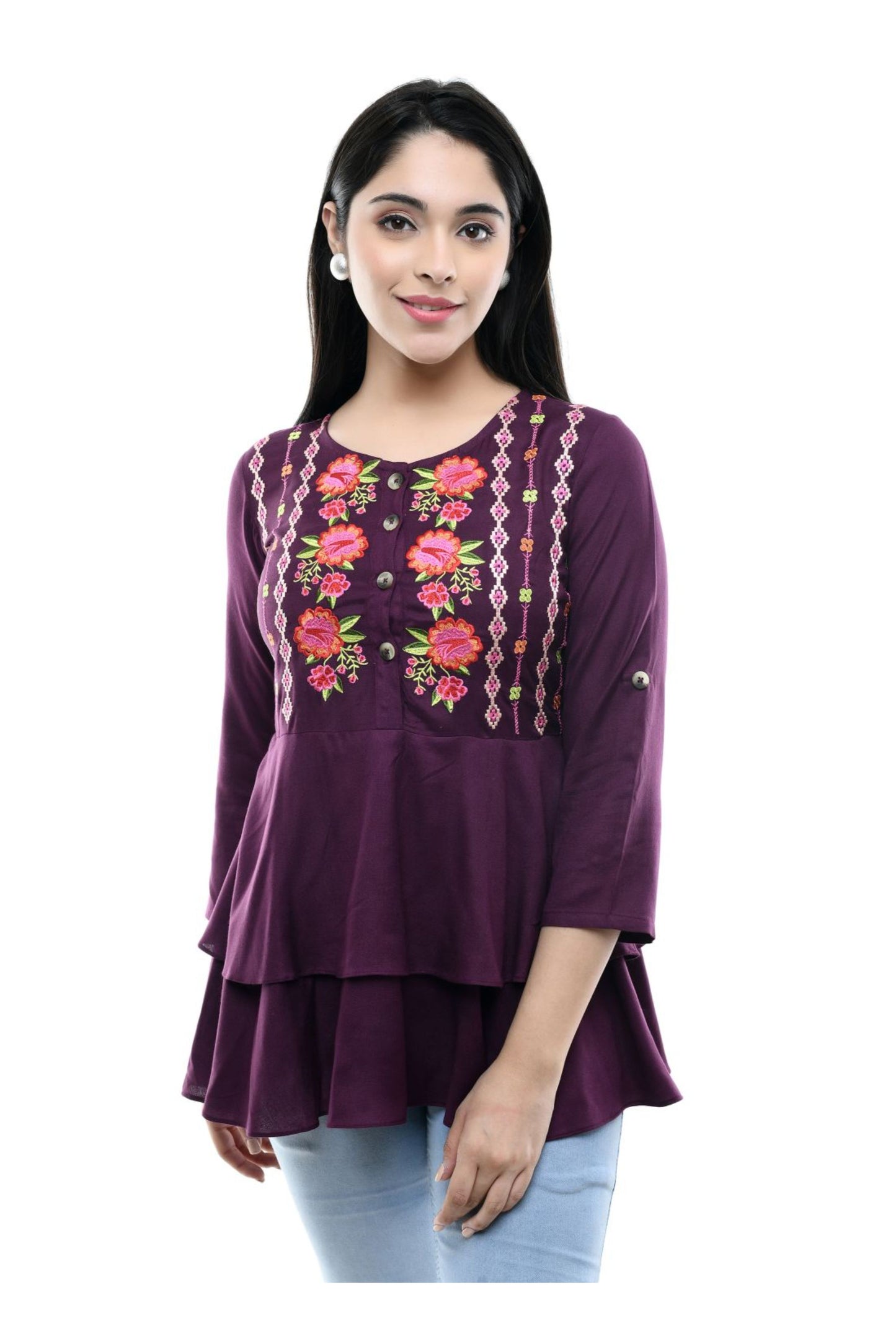 Wine Purple Floral Embroidered Tiered Peplum Top | Vaamii