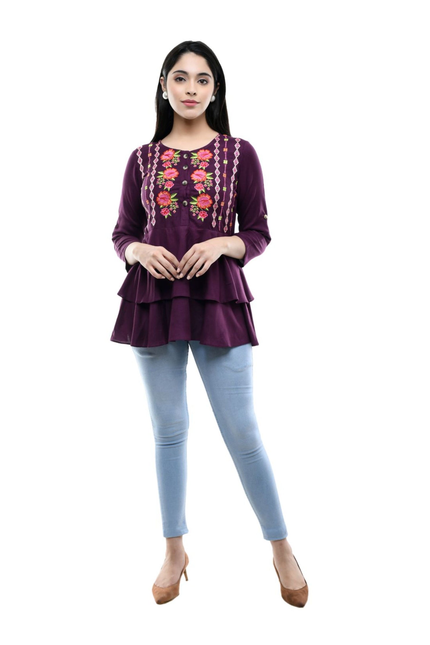Wine Purple Floral Embroidered Tiered Peplum Top | Vaamii