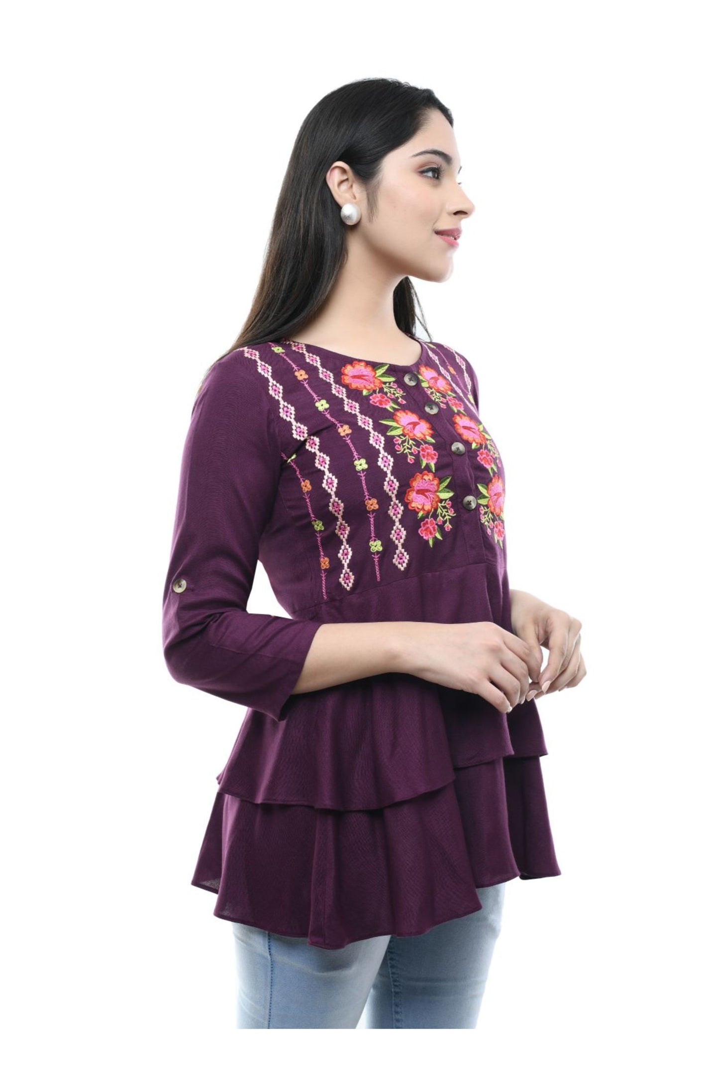 Wine Purple Floral Embroidered Tiered Peplum Top | Vaamii