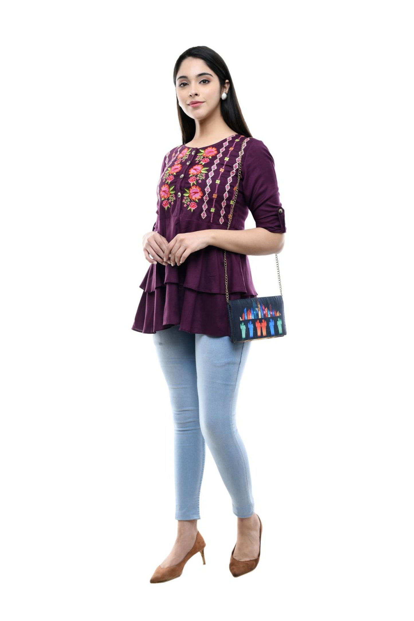 Wine Purple Floral Embroidered Tiered Peplum Top | Vaamii