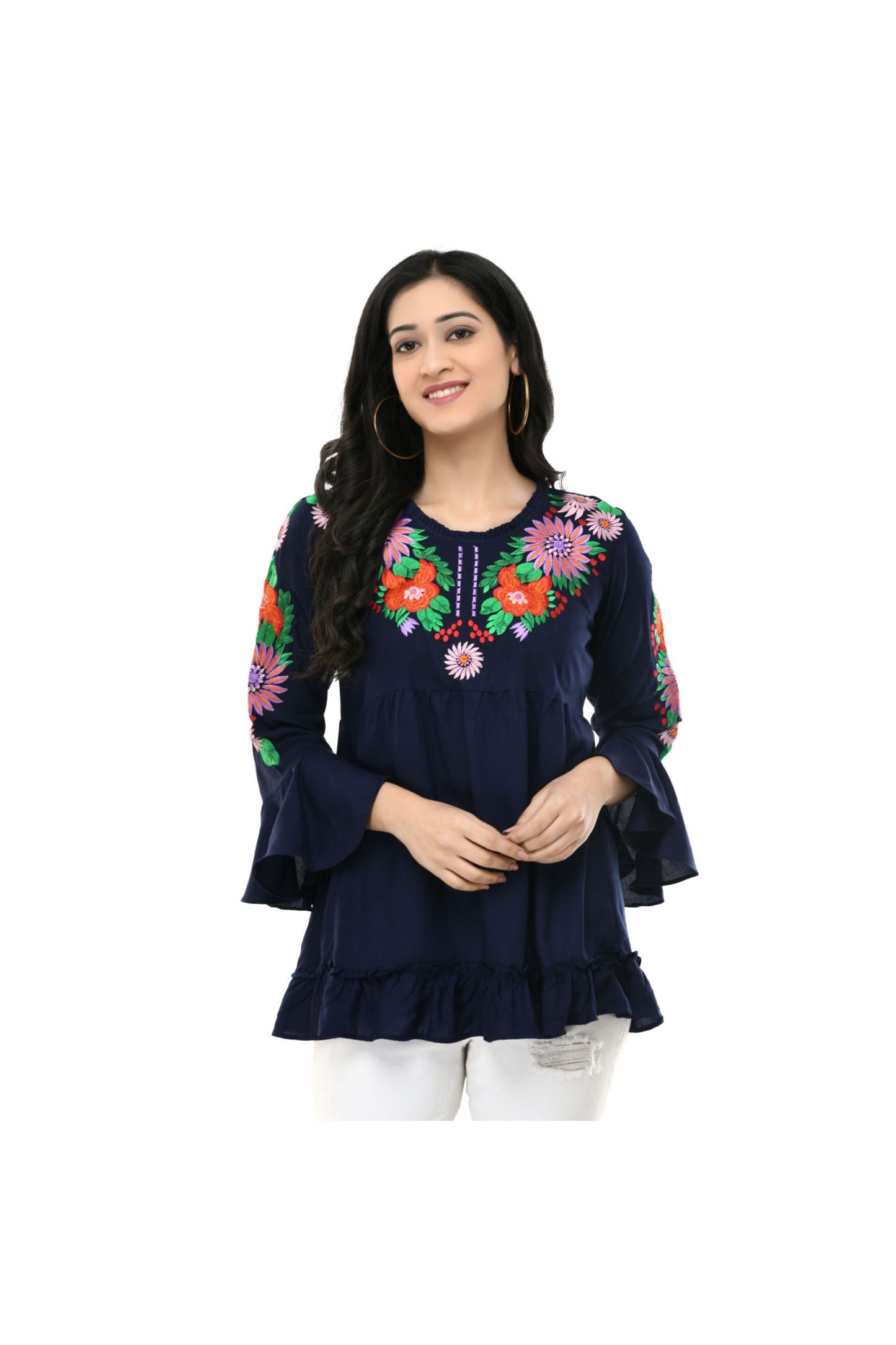 Navy Blue Multicolor Floral Embroidered Flared Sleeve Top | Vaamii