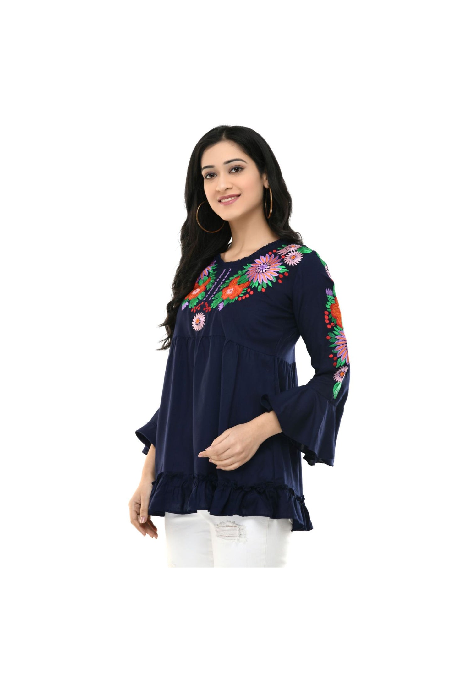 Navy Blue Multicolor Floral Embroidered Flared Sleeve Top | Vaamii