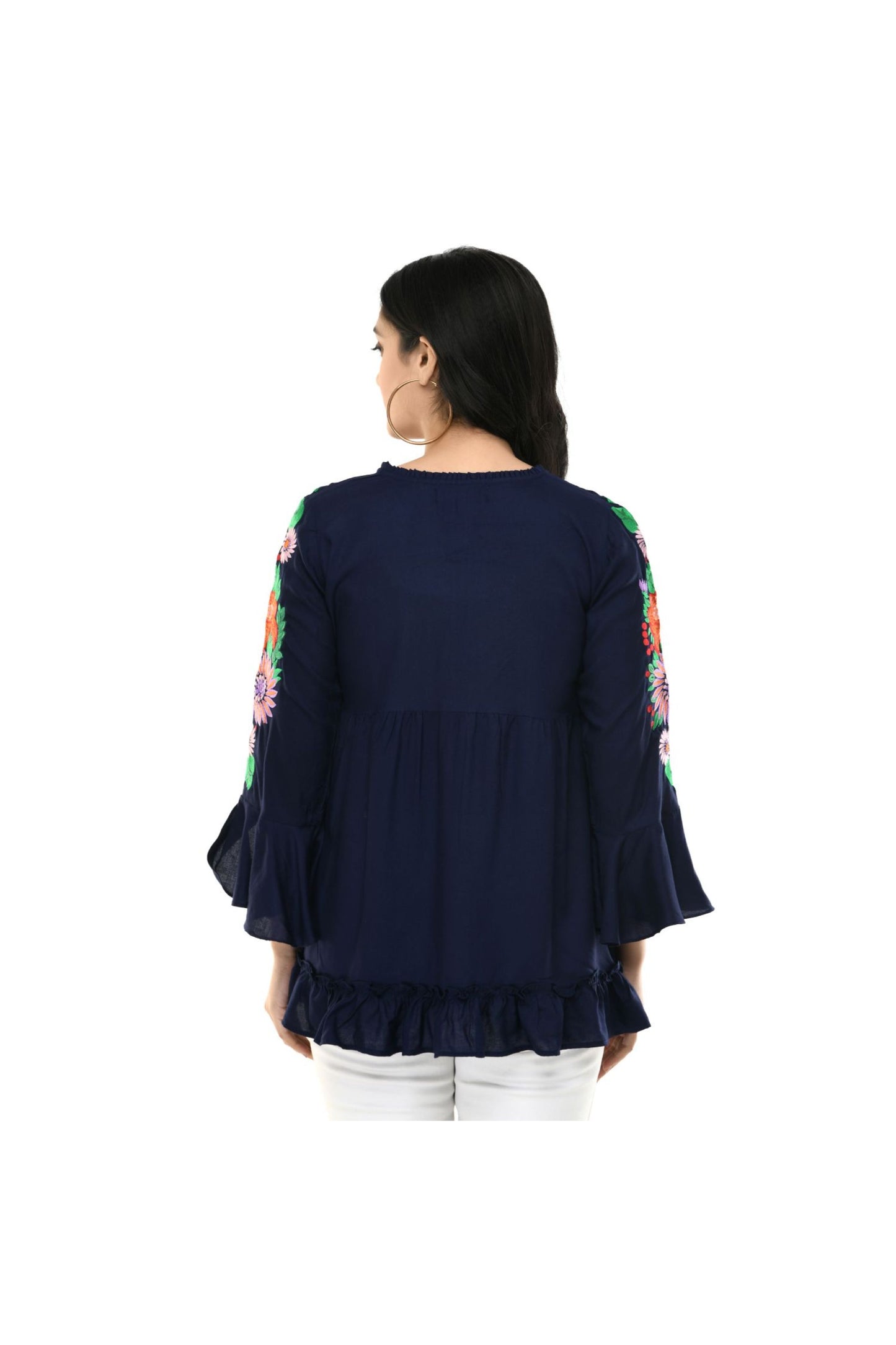 Navy Blue Multicolor Floral Embroidered Flared Sleeve Top | Vaamii