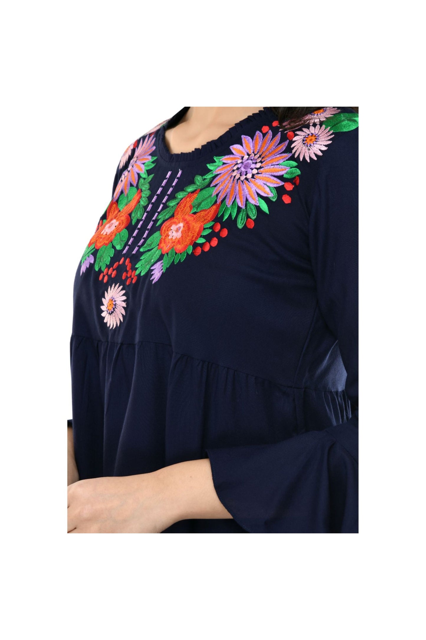 Navy Blue Multicolor Floral Embroidered Flared Sleeve Top | Vaamii