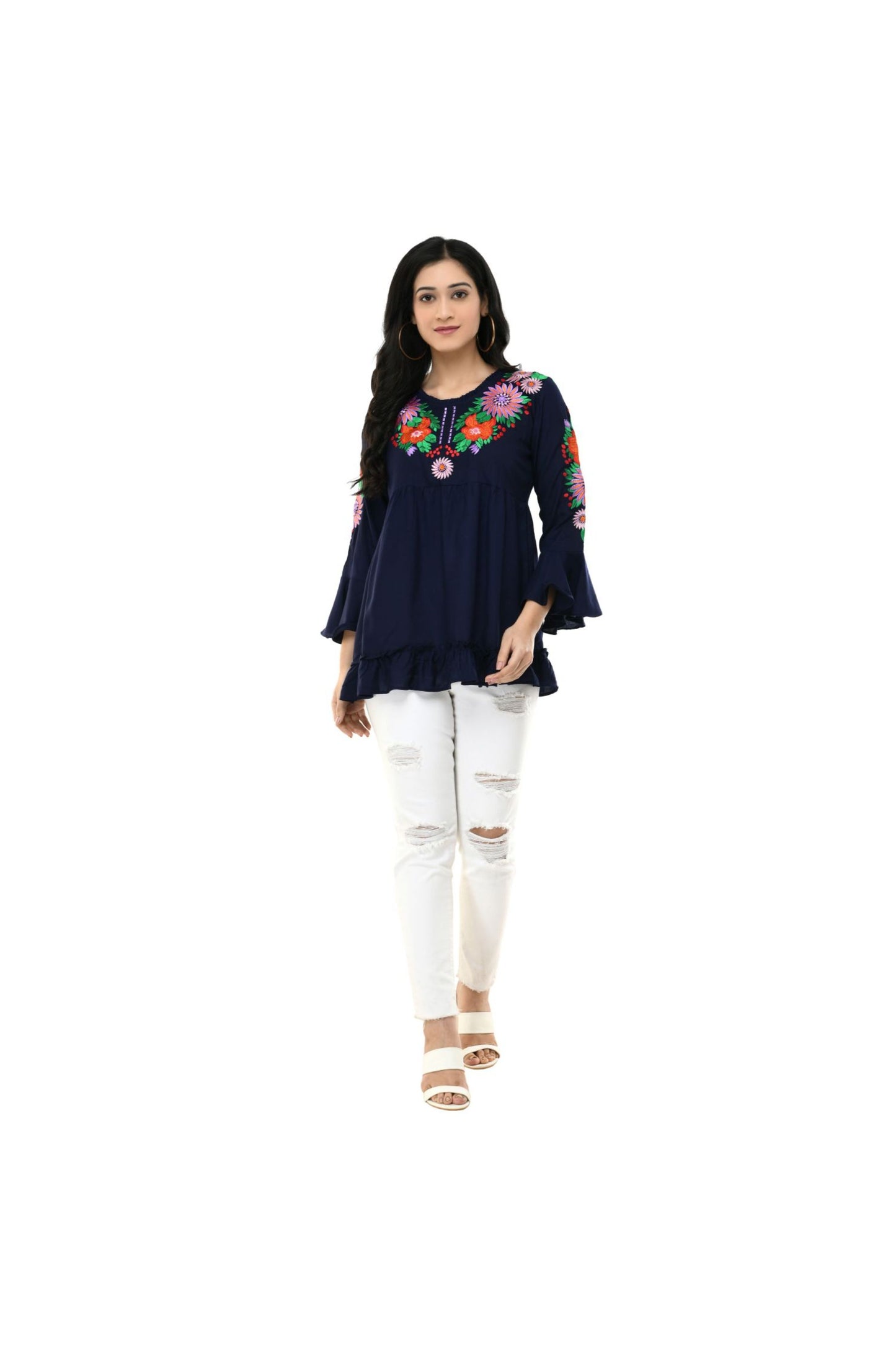 Navy Blue Multicolor Floral Embroidered Flared Sleeve Top | Vaamii