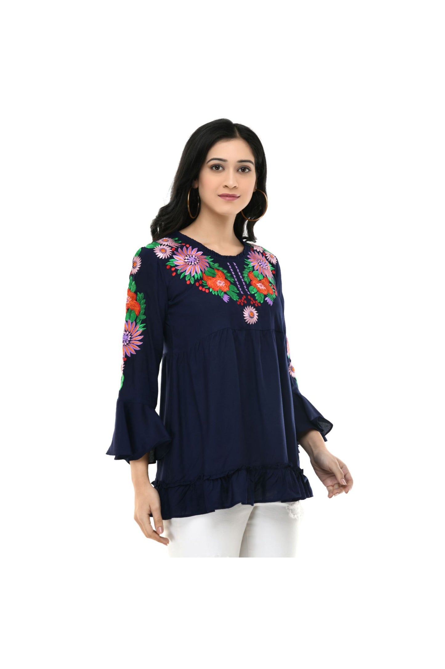 Navy Blue Multicolor Floral Embroidered Flared Sleeve Top | Vaamii