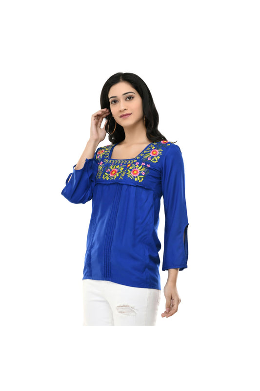 Royal Blue Floral Yoke Embroidered Straight Top | Vaamii