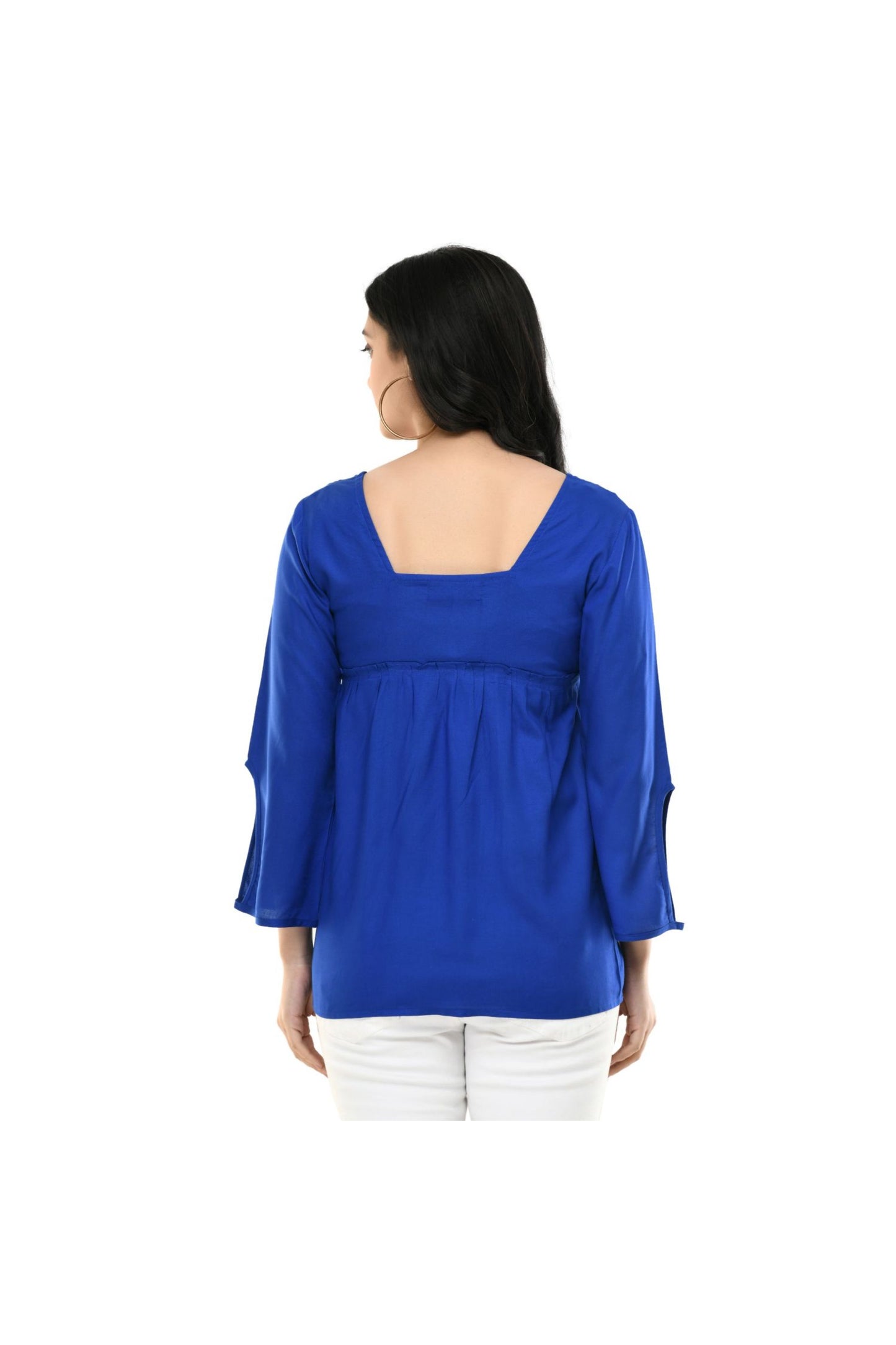 Royal Blue Floral Yoke Embroidered Straight Top | Vaamii