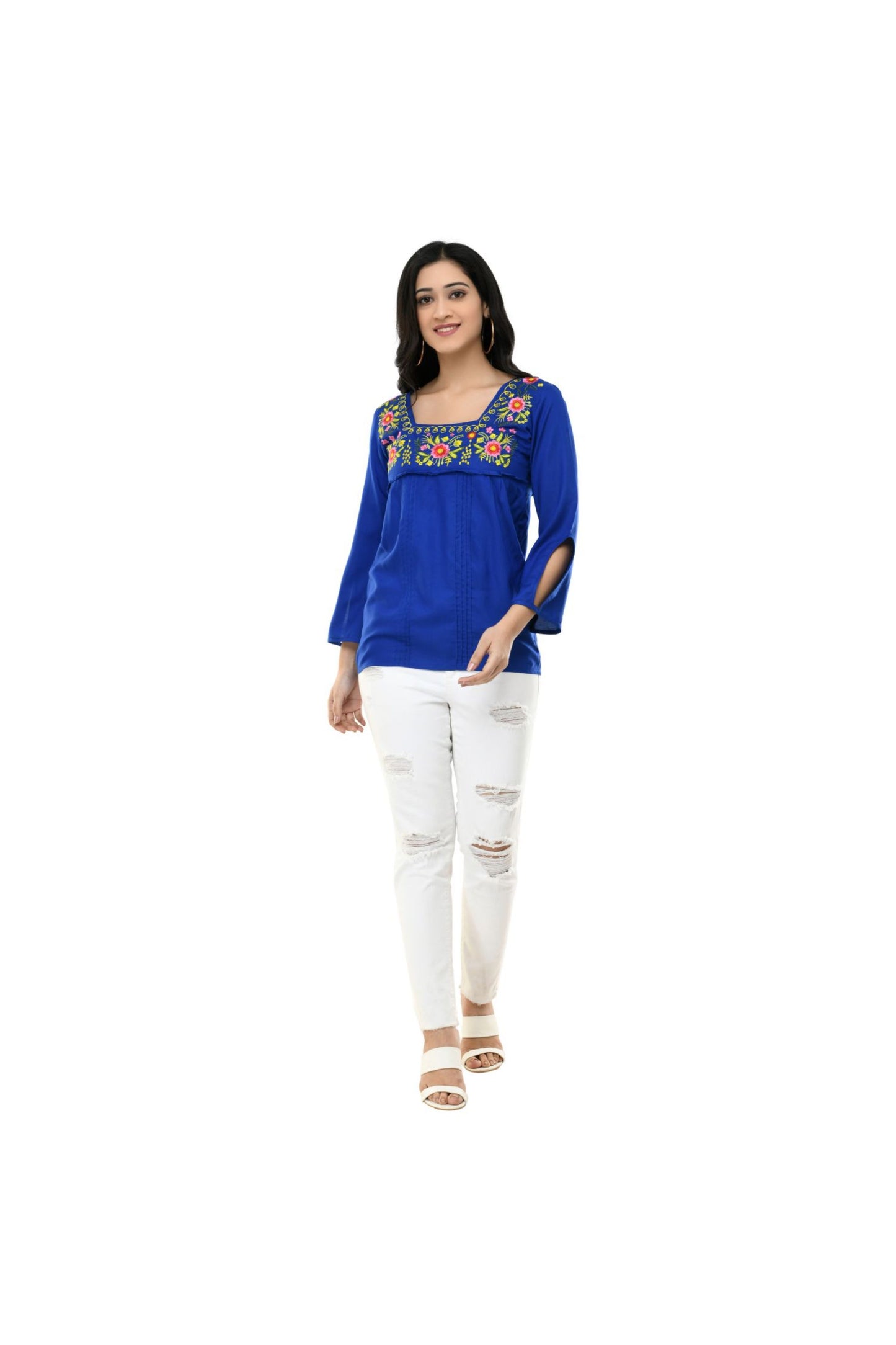 Royal Blue Floral Yoke Embroidered Straight Top | Vaamii