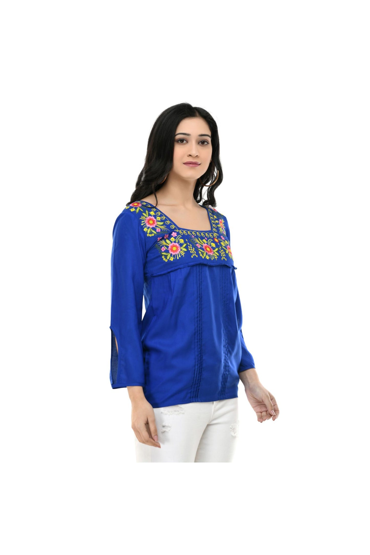 Royal Blue Floral Yoke Embroidered Straight Top | Vaamii