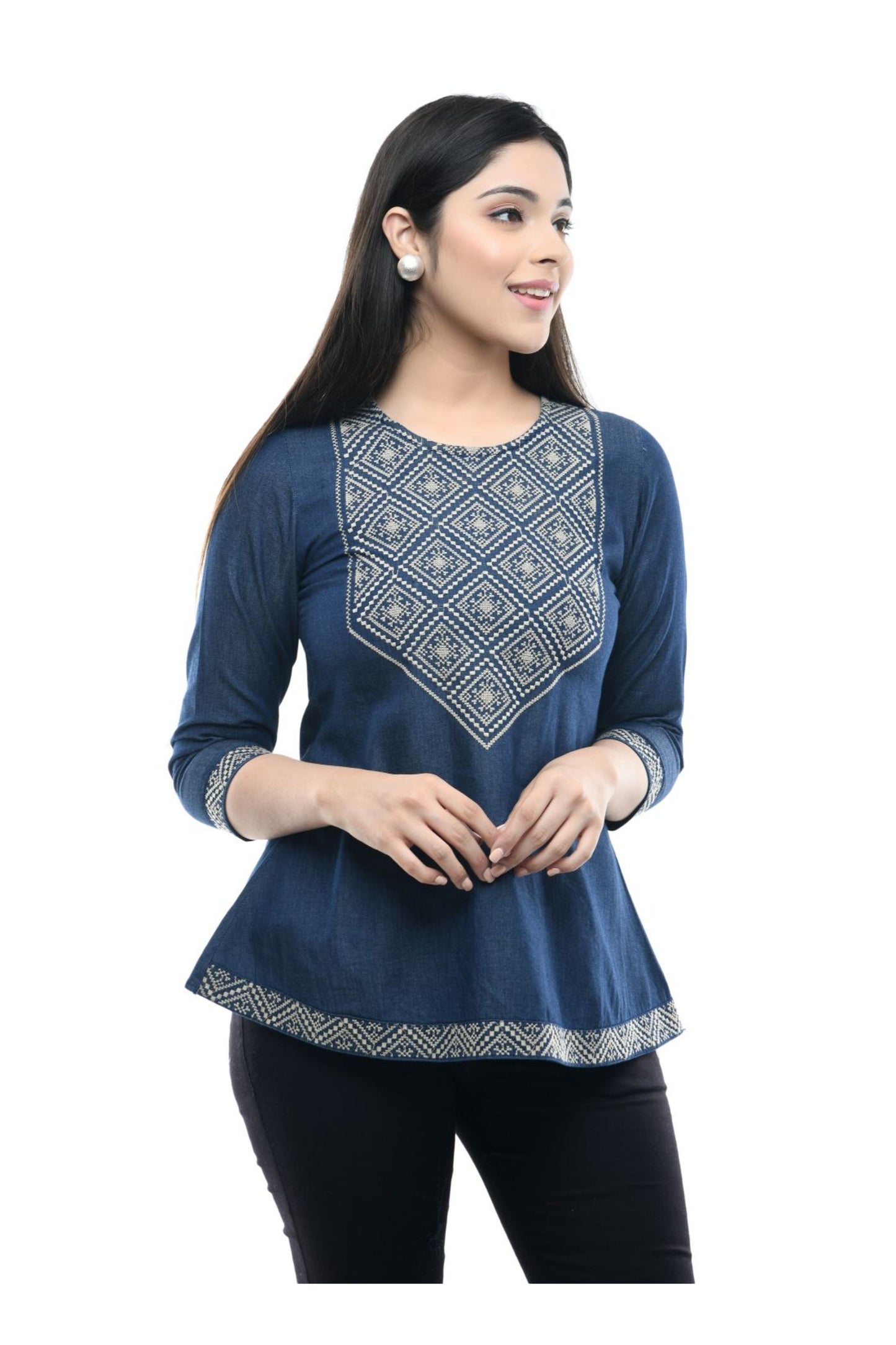 Indigo Denim Heritage Embroidered Top | Vaamii