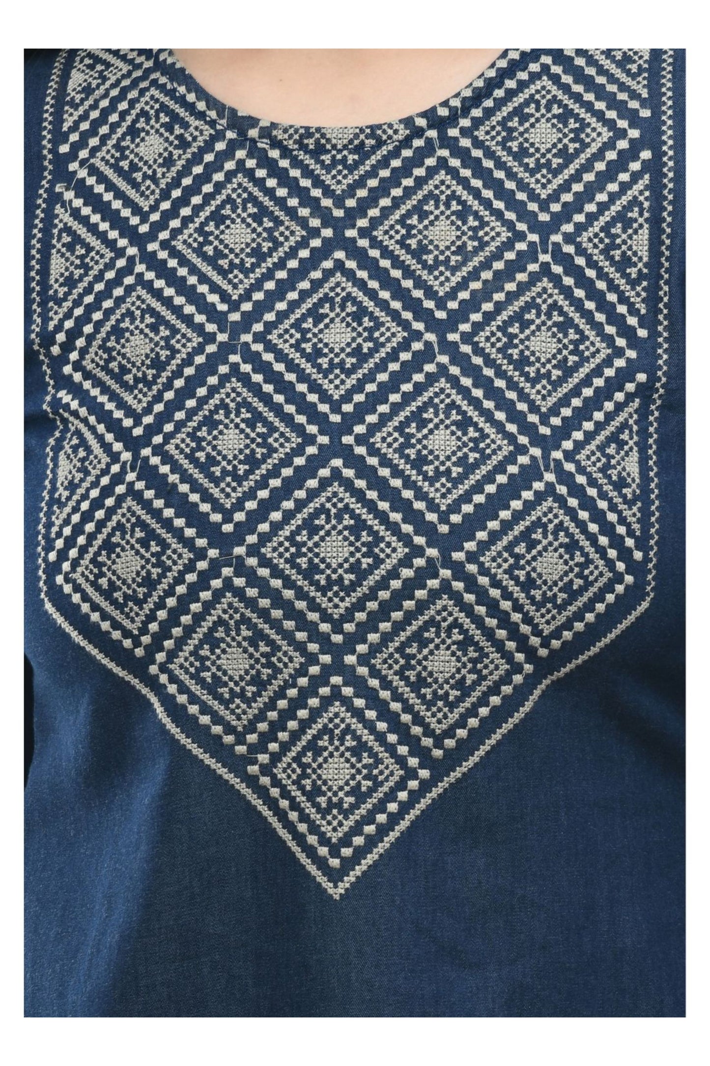 Indigo Denim Heritage Embroidered Top | Vaamii