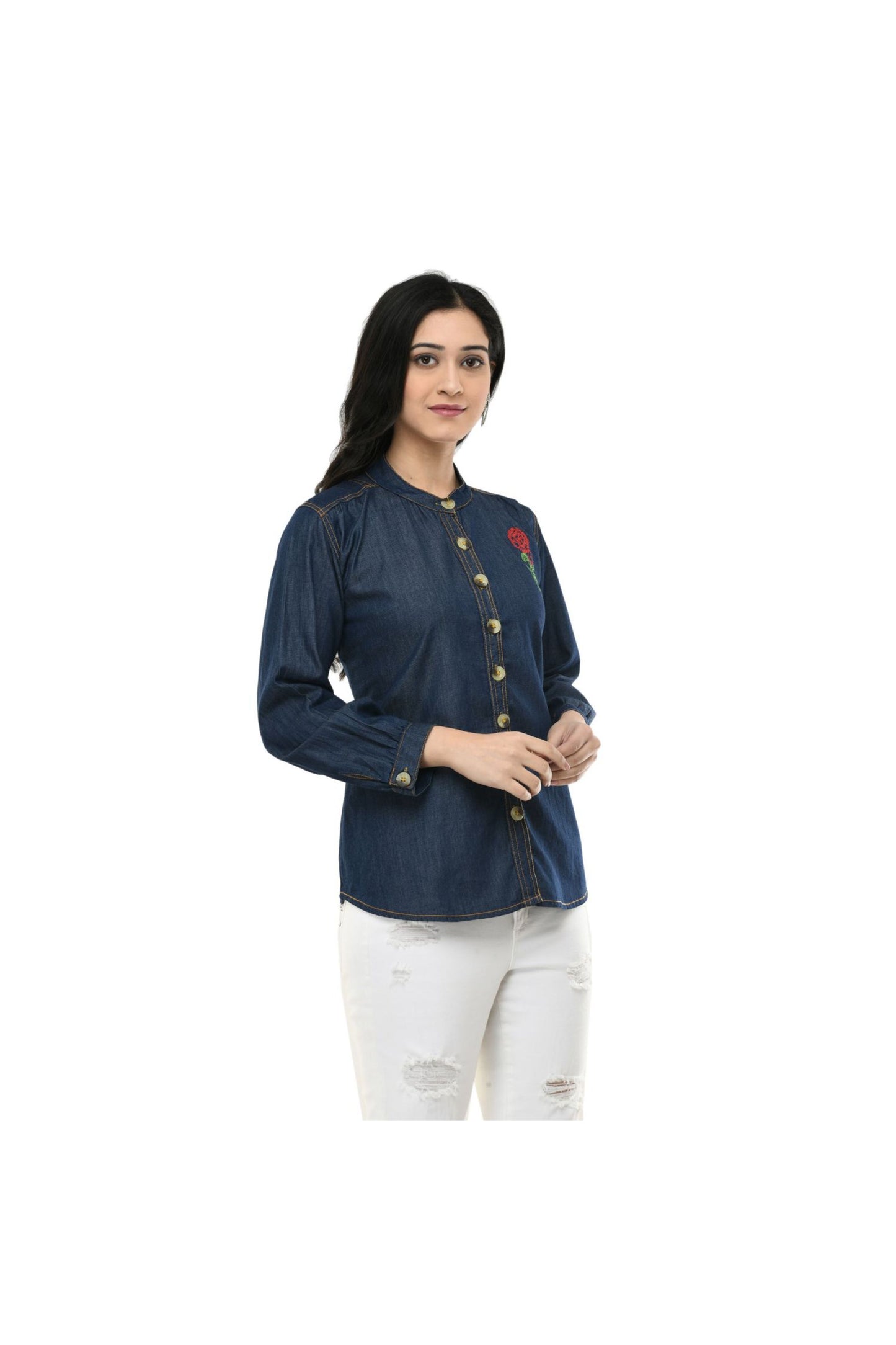 Indigo Denim Floral Button-Front Shirt Top | Vaamii