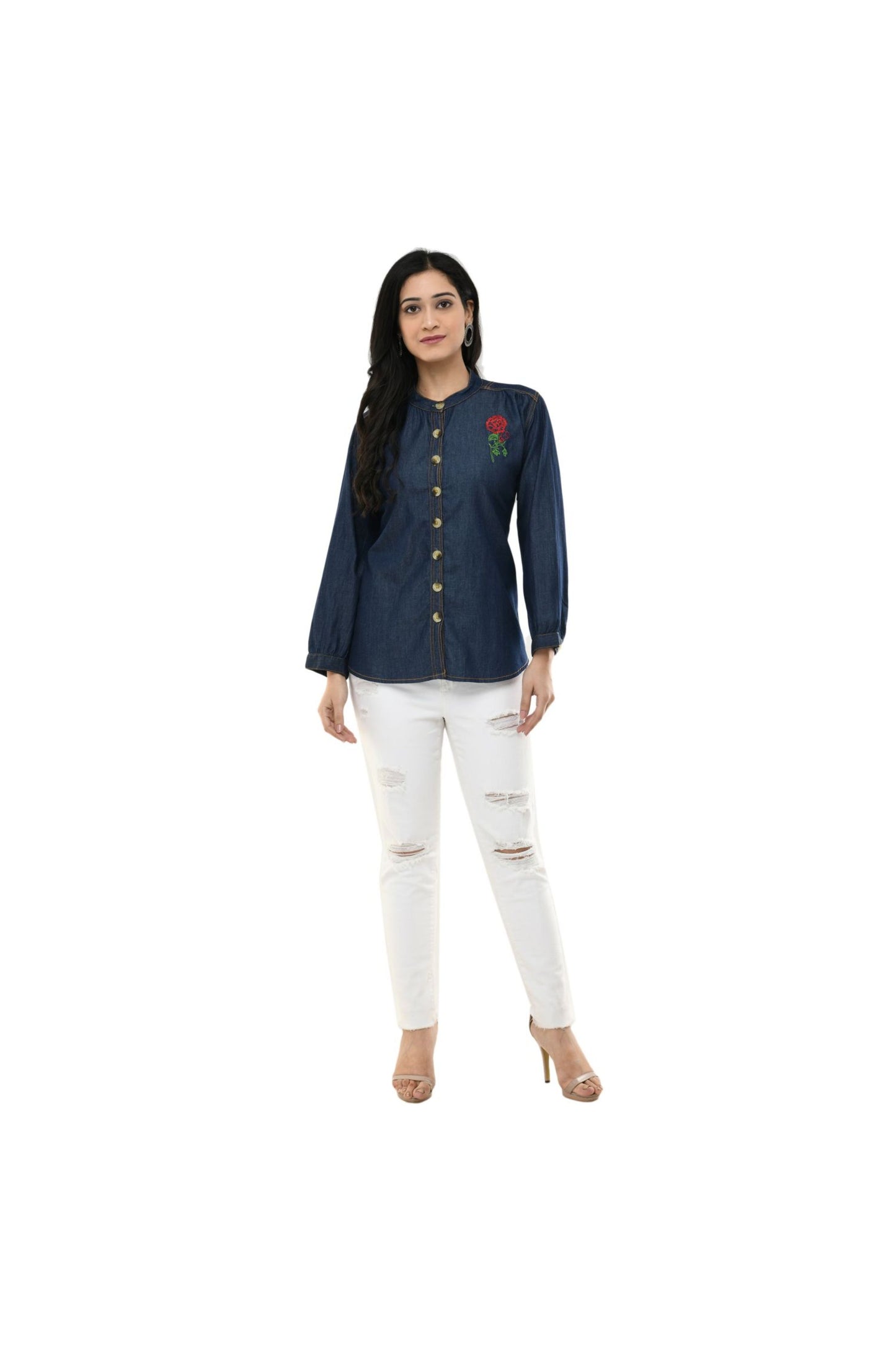 Indigo Denim Floral Button-Front Shirt Top | Vaamii