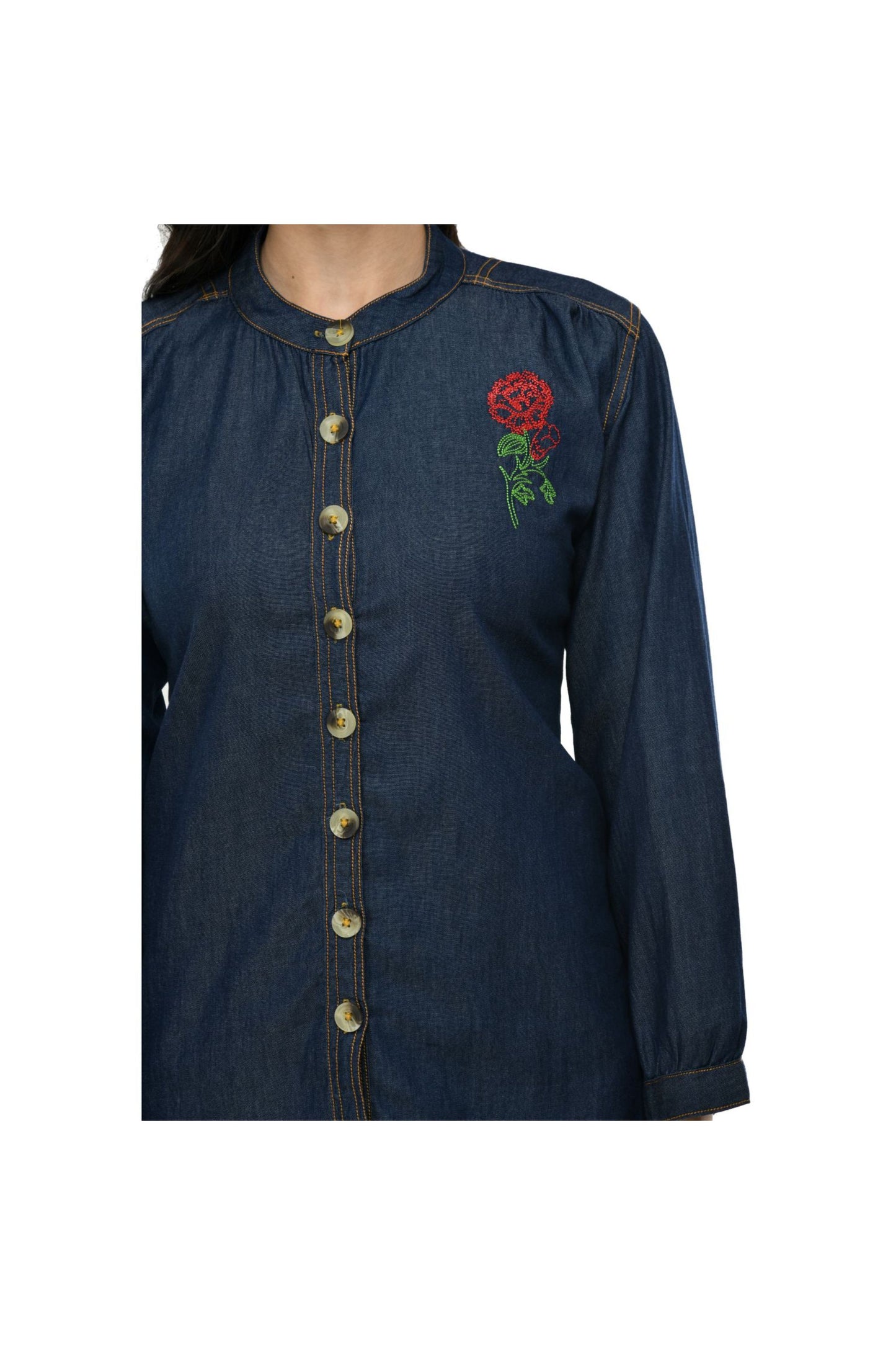 Indigo Denim Floral Button-Front Shirt Top | Vaamii