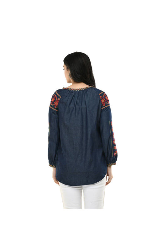 Denim Indigo Folk Embroidered Tunic Top | Vaamii
